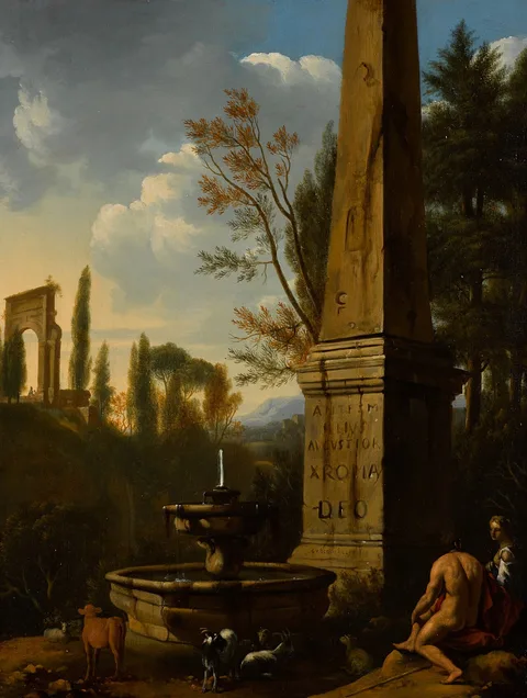 Gerrit van Bronckhorst, A classical landscape with a woman and shepherd sitting next to an obelisk and fountain