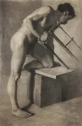 Ignacy Łopieński, Male nude sawing a board.