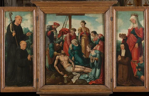 Cornelis Buys, Triptych with the Lamentation of Christ (centre panel), the donor with St Benedict (inner left wing) and the donatrix with St Elizabeth of Thuringia (inner right wing)
