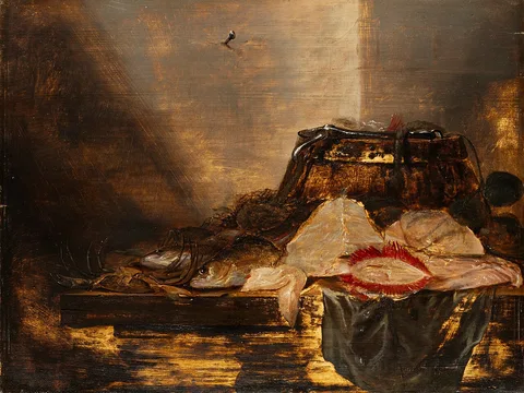 Jan Dirven, Still life with fish, crabs and oysters