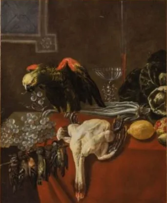Jan Dirven, Still life with table ware, game and a parrot