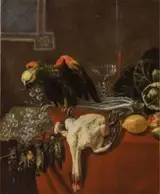 Jan Dirven, Still life with table ware, game and a parrot