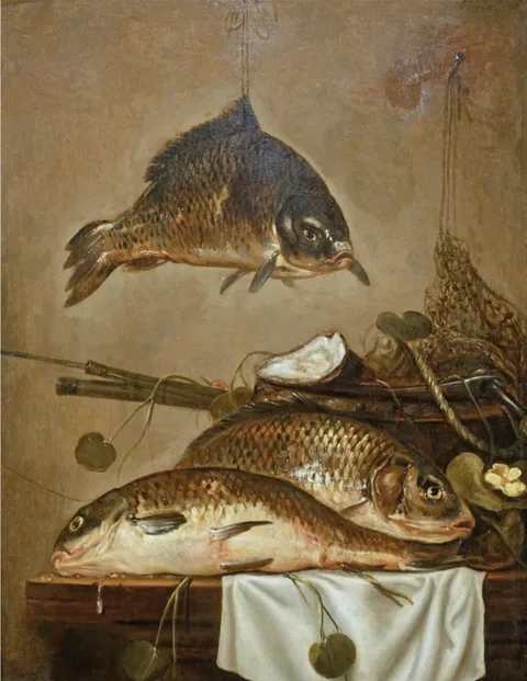 Jan Dirven, Still Life with fish on a table and one suspended fish