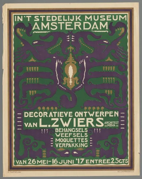 Lambertus Zwiers, In 't Stedelijk Museum Amsterdam decoratieve ontwerpen van L. Zwiers architect MBVA. Behangsels - weefsels - moquettes - verpakking van 26 Mei - 16 Juni '17.
