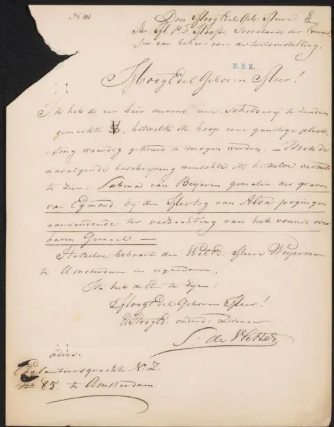 Samuel de Vletter, Brief aan jonkheer H.P.F. Hooft, secretaris van de commissie van de Tentoonstelling van Levende Meesters in Den Haag
