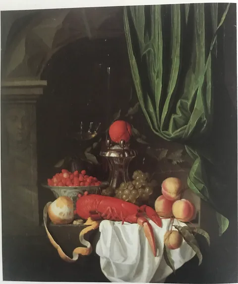 Johannes Hannot, Sumptuous Still Life with Lobster, Fruit, Silver Saltcellar, and Wine Glass in a Niche