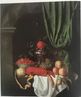 Johannes Hannot, Sumptuous Still Life with Lobster, Fruit, Silver Saltcellar, and Wine Glass in a Niche