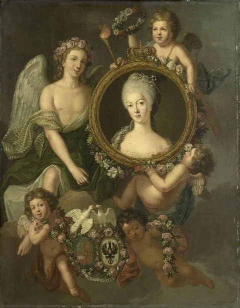 Frédéric Reclam, Portrait of Wilhelmina of Prussia in a medallion with allusions to her marriage to Prince William V on 4 October 1767 in Berlin (Frederika Sophia Wilhelmina)
