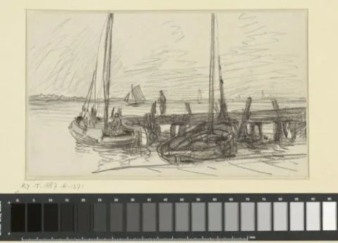 Adolphe Mouilleron, Twee vissersschepen aan een houten havenhoofd waarop een man staat