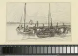 Adolphe Mouilleron, Twee vissersschepen aan een houten havenhoofd waarop een man staat