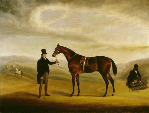 Samuel Spode, A Dark Bay Racehorse held by a Trainer in a Landscape