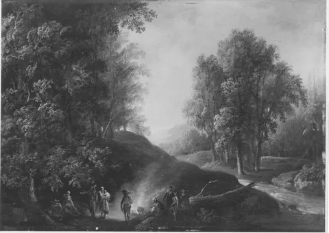 Johann Andreas Herrlein, Forest landscape with travelers resting