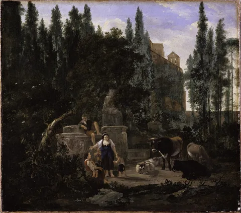 Jan Willemsz Lapp, An Italian Landscape with Figures and Cattle