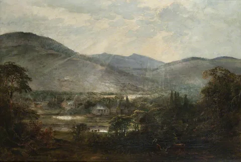 William Fleming Vallance, A Riverside Town with a Woman and Cow in the Foreground