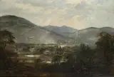 William Fleming Vallance, A Riverside Town with a Woman and Cow in the Foreground