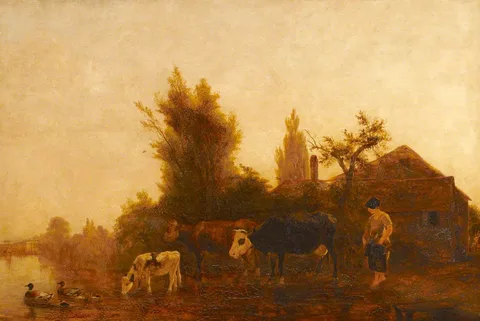 James M. Burnet, River Scene, Cows and Cowgirl