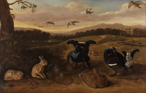 Leonard Knijff, Black Game, Rabbits, and Swallows in a Park