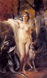 Ferdinand Wagner the Younger, Diana with her dog in the clear of a forest