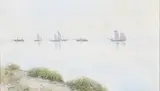 Hans Dall, Sailboats on still waters off a coast.