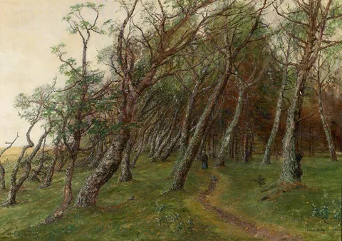 Hans Dall, A woman on a path through windblown trees.