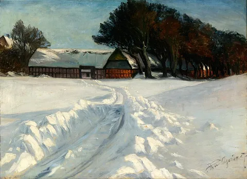 Hans Agersnap, Winter landscape at a timber framed farm.