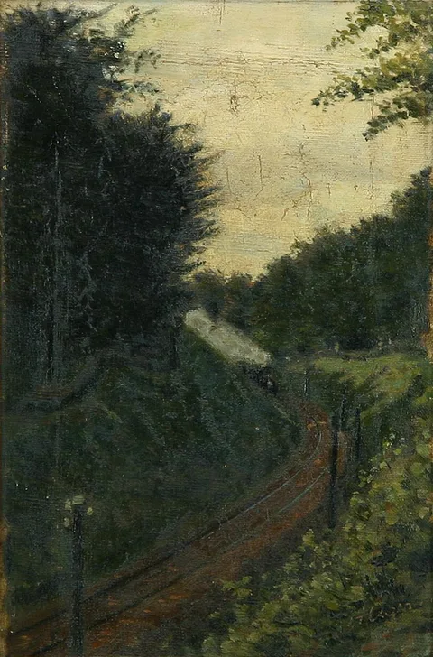 Hans Agersnap, View from Munkebjerg forest with train.