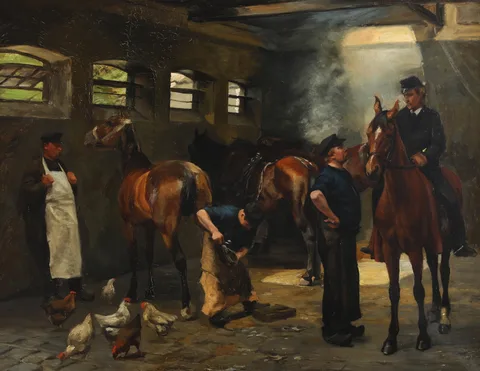 Gustav Vilhelm Blom, The horses getting shoes on at the blacksmith.