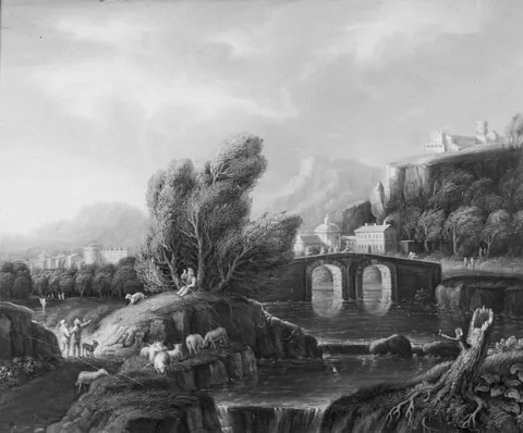 Dismar Degen, A Landscape with a Waterfall and a Stone Bridge