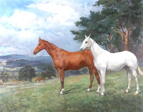 Evelyn Blacklock, Two Horses in a Landscape: a Chestnut and a Grey Hunter