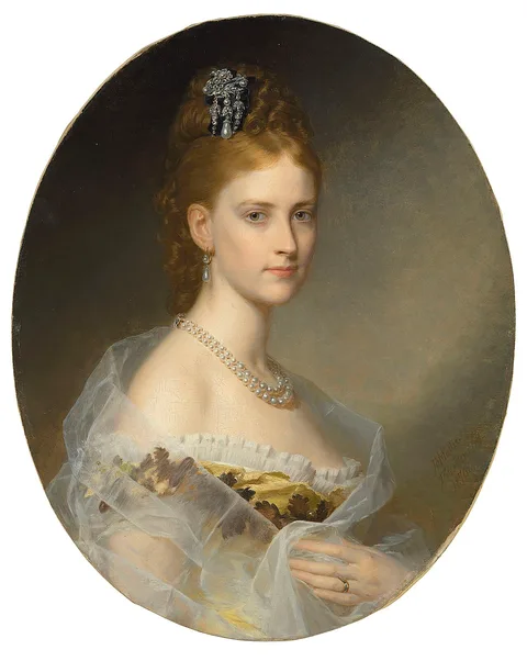Moritz Müller, Portrait of the Hon. Edith Jocelyn, Viscountess Sudley, bust length, in a yellow dress and white wrap