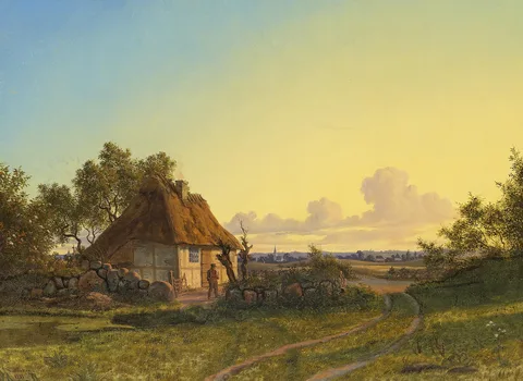 Carl Würtzen, A man smoking a pipe outside his house at sunset.