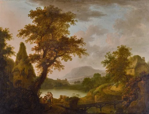 George Mullins, Lake scene with a cottage and a group of figures