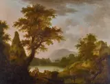 George Mullins, Lake scene with a cottage and a group of figures