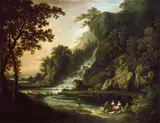 George Mullins, Landscape with a fishing Party by a Waterfall