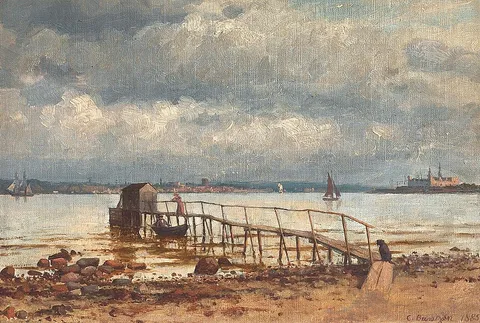 Carl Buntzen, People and a dog at a bathing jetty north of Helsingør with a view of Kronborg and Helsingborg.