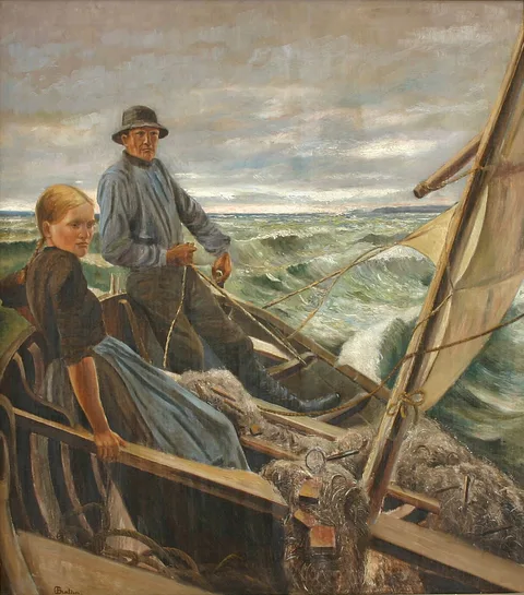 Carl Buntzen, A fisherman from Dragør with his daughter in hard weather.