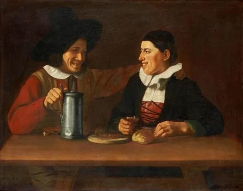 Martin Dichtl, Two grinning men behind a table with a pewter, glass of wine and bread