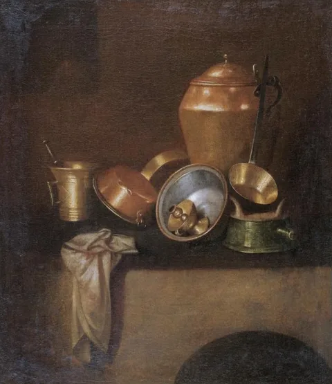 Martin Dichtl, Still-life with various copper cooking utensils on a hearth / Kitchen utensils on top of an oven