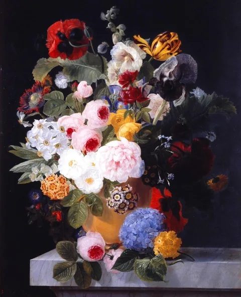 Jean-Georges Hirn, Bouquet de fleurs sur une table en marbre
