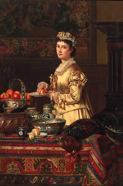Jean Daniel Stevens, An interior with a lady standing by a table, holding an apple