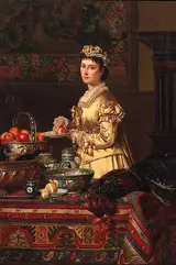 Jean Daniel Stevens, An interior with a lady standing by a table, holding an apple
