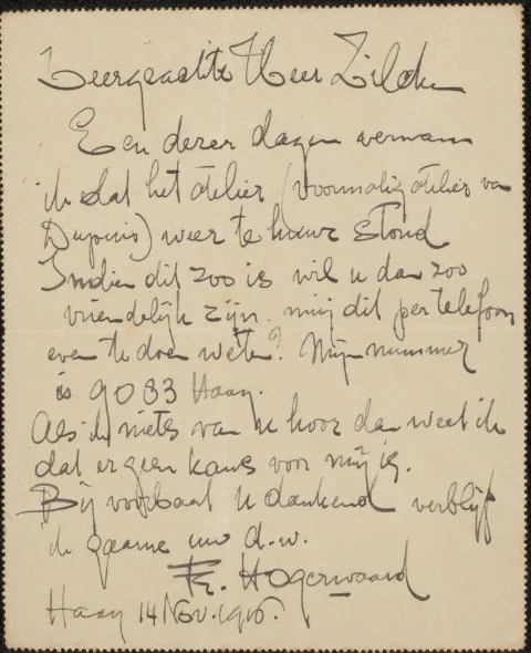Frans Hogerwaard, Brief aan Philip Zicken