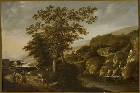 Claes Jansz. van der Willigen, Rhine landscape with a waterfall