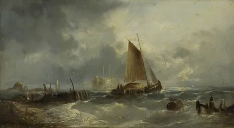William Henry Williamson, Stormy Seascape with a Sailing Boat Close to a Jetty*