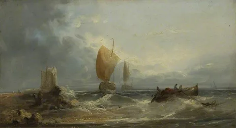 William Henry Williamson, Stormy Seascape with Sailing Boats and a Rowing Boat Close to a Beach*