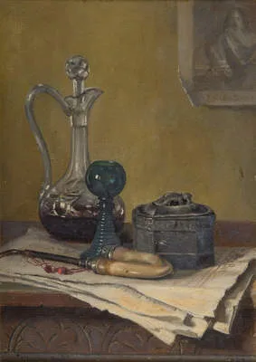 Claude Pratt, Still Life Of Newspaper , Pipe , Decanter And Jar