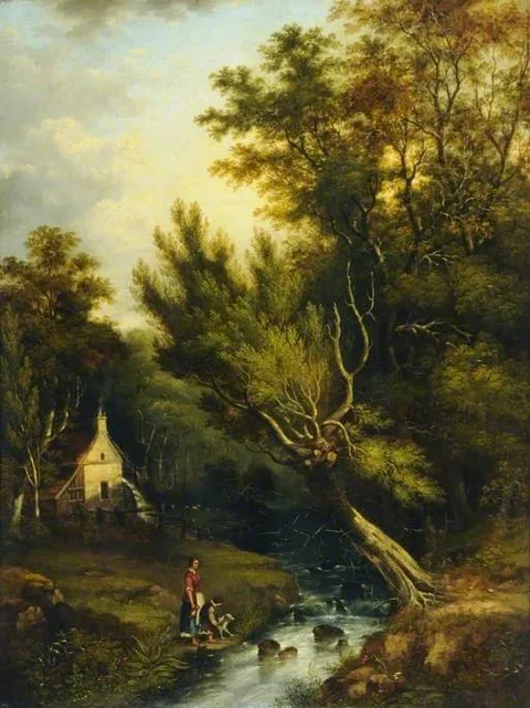 John Warkup Swift, Landscape, Watermill and Figures by a Stream