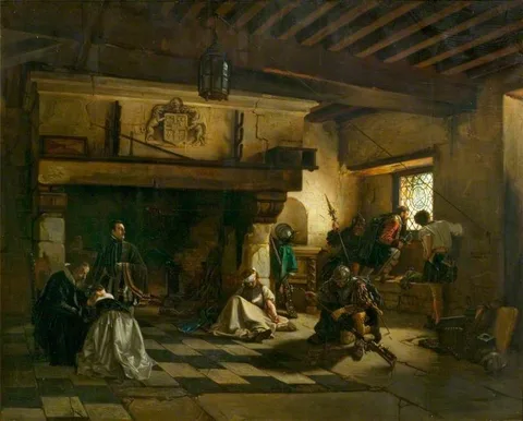 Eugène Delfosse, Interior with Armed Men and a Family Group