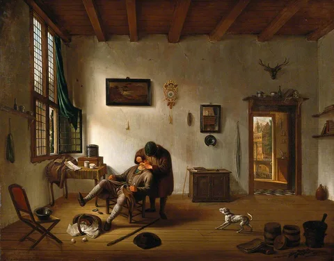 Hendrik van der Burgh, Interior of a Dutch House with an Operator Attending to a Man's Teeth