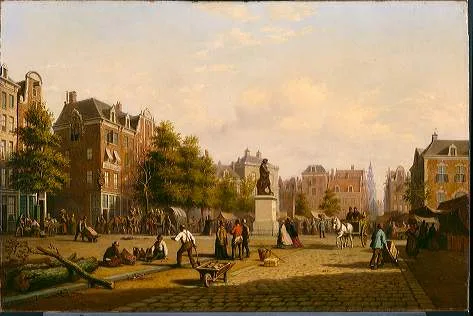 Andries Scheerboom, Reguliersplein (thans Thorbeckeplein) in 1869, met op de achtergrond de Botermarkt (thans Rembrandtplein)
